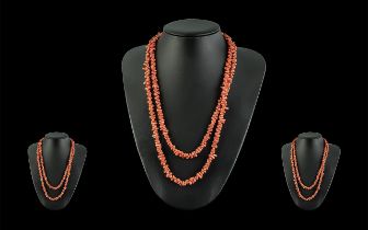 Coral Beaded Necklace of Good Colour and Well Matched. c.1920's. Weight 59.7 grams. Length 46