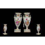 German - Pair of 19th Century Hand Painted Twin Handle Porcelain Vases. Decorated with Painted