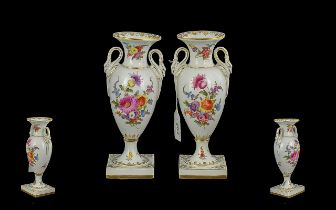 German - Pair of 19th Century Hand Painted Twin Handle Porcelain Vases. Decorated with Painted