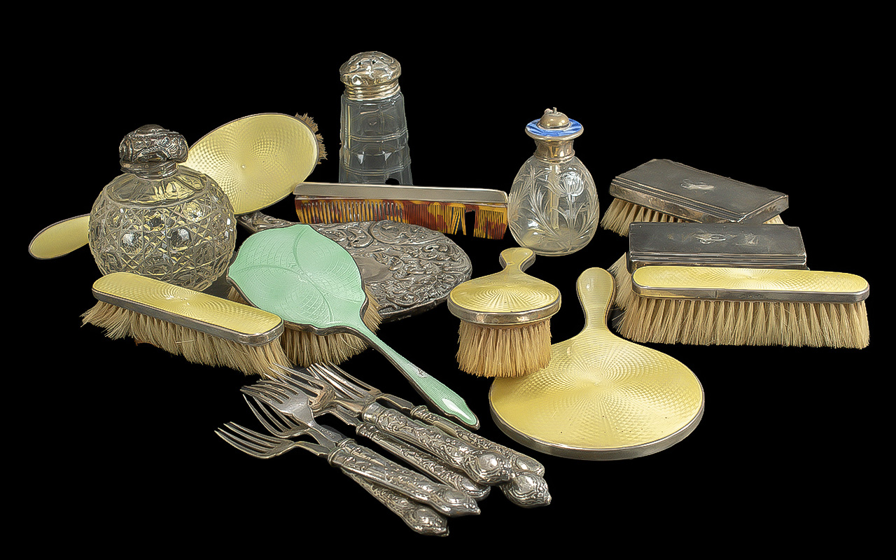 A Collection of Silver Related Items to include an enamel back dressing table brushes and mirrors, a