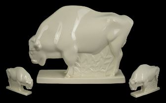 Wedgwood Large Cream Glazed 'Buffalo' Figure on Base. Designer John Skeaping. Height 8.5 Inches -