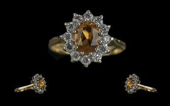 Ladies Attractive 9ct Gold Citrine Diamond Set Cluster Ring full hallmark to shank the faceted
