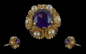 Ladies Excellent Quality 9ct Gold Amethyst and Pearl Set Ring. Full Hallmark to Interior of Shank.