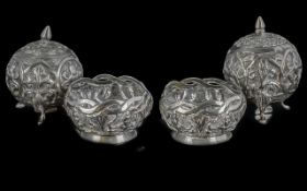 Burmese Silver Cruet Set, lower grade silver cruet set, highly embossed with deities, two salts