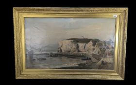 Large Oleograph depicting cliffs and boats in a quayside. Measures overall 28" x 44" approx.