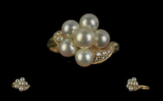 Ladies - 18ct Gold Pleasing Quality Diamond and Pearl Set Cluster Ring.