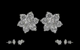 Ladies Fine Pair of 18ct White Gold - Diamond Set Cluster Earrings. Marked 18ct - 750. The Well
