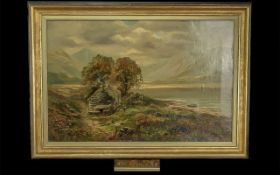 Victorian Oil On Canvas. Mountain Landscape With River And Cottage. Signed And Dated Lower Right 79.