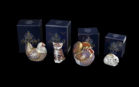 Four Royal Crown Derby Paperweights, comprising 'Chicken' 3'' tall x 4'' wide, 'Cockerel' 4'' high x