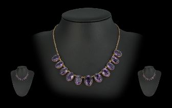 Antique Period Ladies 9ct Gold Attractive Amethyst Set Necklace. Marked for 9ct. Set with 11 Well