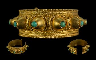 Antique 18ct Gold Middle Eastern Bangle, Applied Cone Shaped Mounts Set With Turquoise Cabochon