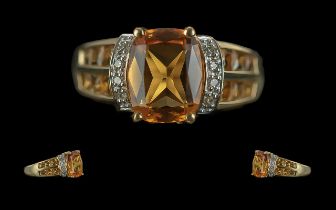 Ladies - Attractive 9ct Gold Citrine and Diamond Set Dress Ring. Full Hallmark to Interior of Shank.