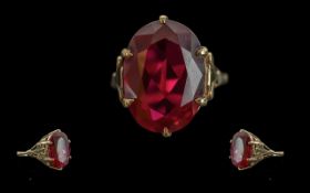 Antique Period Ladies 9ct Gold Pleasing Large Ruby Coloured Single Stone Statement Ring, Excellent
