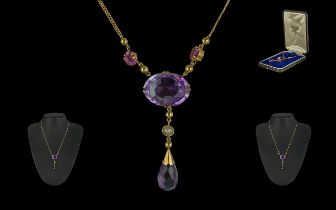 Edwardian Period 1901 - 1910 15ct Gold Amethyst Set Necklace with Drop. Tests 15ct or Better. The