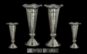 Art Nouveau Superb Quality Pair of Sterling Silver Openwork Vases - Of Tapered Form Supported On