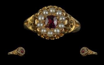 Edwardian Period 1901 - 1910 Attractive 18ct Gold Ruby and Pearl Set Ring, Open worked Ornate