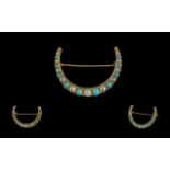 Antique Period - Attractive 18ct Gold Turquoise and Pearl Set Crescent Shaped Brooch, Not Marked but
