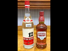 Two Bottles of Spirits, comprising Southern Comfort 70cl, 35% volume, and 12 Ouzo 1 litre, 40%