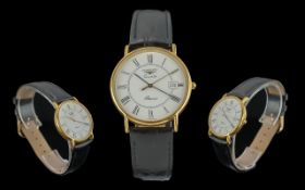Longines - Gents Slim line Gold on Steel Cased Quartz Wrist Watch. c.1980's. With Attached Black
