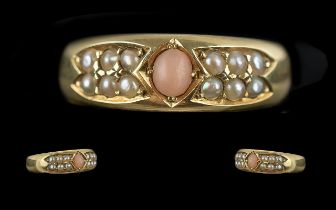 Antique Period Attractive 15ct Gold Coral and Seed Pearl Set Ring, full hallmark to interior of