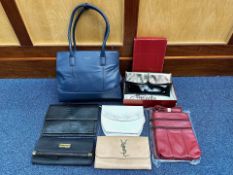 Collection of Ladies Handbags, including a navy blue Osprey leather twin handled bag, two burgundy