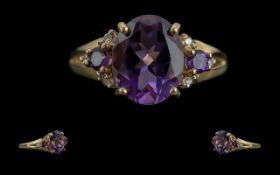 Ladies Attractive 9ct Gold Diamond and Amethyst Set Ring, the amethyst of good colour and clarity,