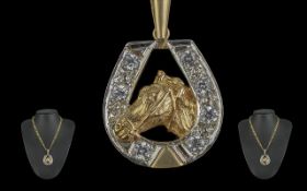 Heavy 9ct Gold Horseshoe Pendant Set wit