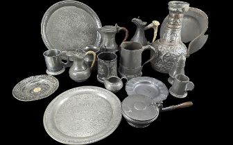 Box of Assorted Pewter Items, comprising jugs, plates, pots, tankards, etc.