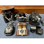 Collection of Cameras & Binoculars, comprising Charles Frank 10 x 50 Field Glasses in leather