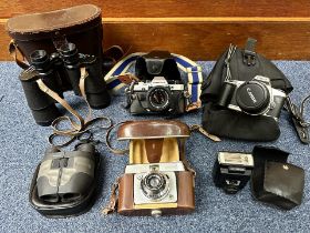 Collection of Cameras & Binoculars, comprising Charles Frank 10 x 50 Field Glasses in leather