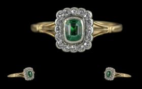 Ladies 18ct Gold Pleasing Diamond and Emerald Set Dress Ring, circa 1920s, marked 18ct to interior