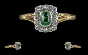 Ladies 18ct Gold Pleasing Diamond and Emerald Set Dress Ring, circa 1920s, marked 18ct to interior