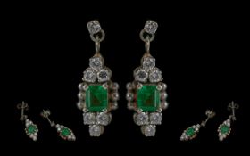 Art Deco Period 1930's Ladies Fine Pair of Attractive 18ct White Gold Emerald and Diamond Set