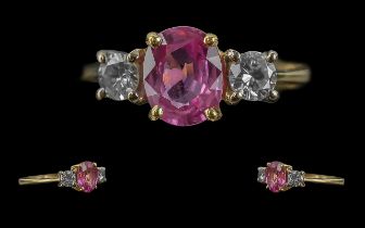 Ladies - Pleasing Quality 18ct Gold 3 Stone Pink Sapphire and Diamond Set Dress Ring. Full