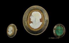 Antique Period Superb Quality Gold & Silver Shell Cameo Locket Brooch, with gold safety chain. The