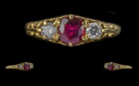 Ladies - Pleasing Quality 18ct Gold 3 Stone Ruby and Diamond Set Ring. Full Hallmark to Interior