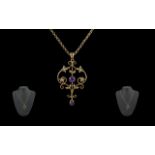 Edwardian Period 1901 - 1910 Ladies 9ct Gold Open Worked Amethyst and Seed Pearl Set Pendant -