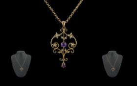 Edwardian Period 1901 - 1910 Ladies 9ct Gold Open Worked Amethyst and Seed Pearl Set Pendant -
