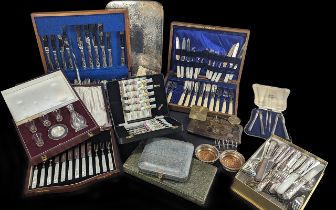 A Box of Cased Silver Plated Ware to include, desert knives and forks, Victorian Mother of Pearl