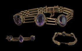 Antique Period Ladies 9ct Gold Bracelet Set with 3 Large Faceted Amethysts of Good Colour / Clarity.