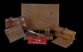 Brown Mock Skin Desk Set, comprising large desk writing pad, pen holder, ink well and letter rack,