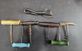Collection of Six Vintage Cork Screws, together with a Boer War bull's head can opener.