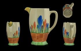 Clarice Cliff Hand Painted Athens Jug ' Crocus ' Design. Date 1929. Bizarre Range. Height 7 Inches -