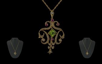 Victorian Period 1837 - 1901 Ladies Excellent 15ct Gold Openwork Pendant/ Brooch set with peridot,