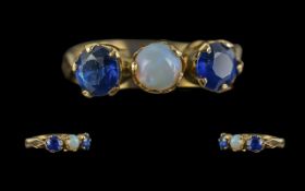 Antique Period 18ct Gold Pleasing Quality 3 Stone Blue Sapphire and Opal Set Ring. Not Marked but