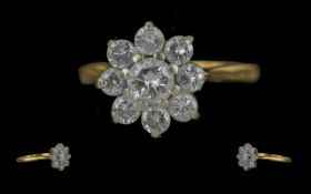 18ct Gold Pleasing Quality Diamond Set Ring, Flower head Design. Full Hallmark to Interior of Shank.