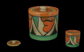 Bizarre by Clarice Cliff Double 'V' Lidded Preserve Pot, bright orange, yellow and green colours.