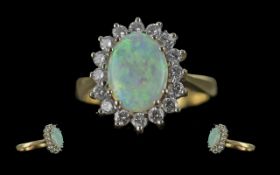 Ladies 18ct Gold Opal and Diamond Set Ring, Flower head Design. Full Hallmark to Interior of