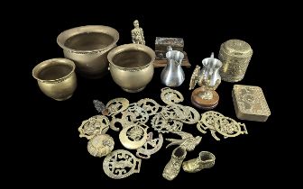 Collection of Brass Items, comprising three planters, a lidded pot, a vice in the form of a ships