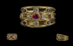 Ladies Excellent and Pleasing 18ct Gold Multi-Gem Set Open worked Ring. Set with Diamonds, Rubies,